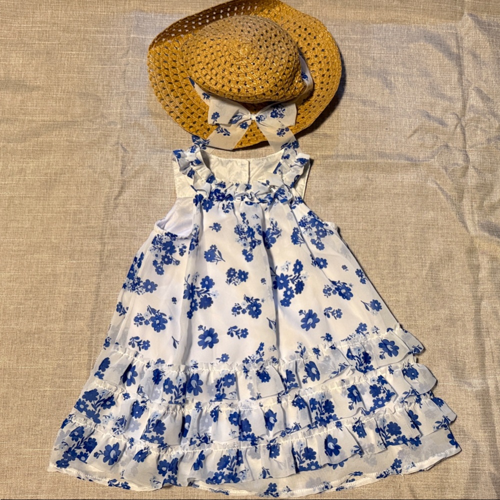 Blueberi Boulevard White and Blue Floral Dress with Hat